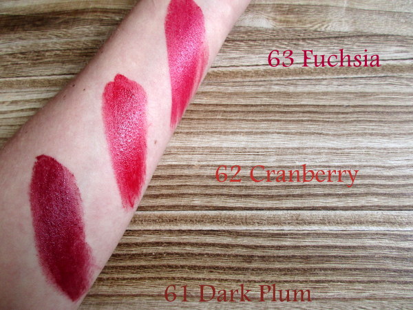 Alverde Lippenstifte Color & Care Dark Plum, Cranberry, Fuchsia Swatches 